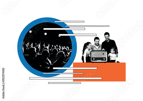 Black and white cinema audience silhouette contrasted with family gathered around radio, bold blue circular frame enclosing cinema side, orange rectangular