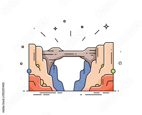 Canyon rock arch formation illustrated by a natural stone bridge spanning between two simplified cliffs, symbolizing geological wonder and balance. The compact