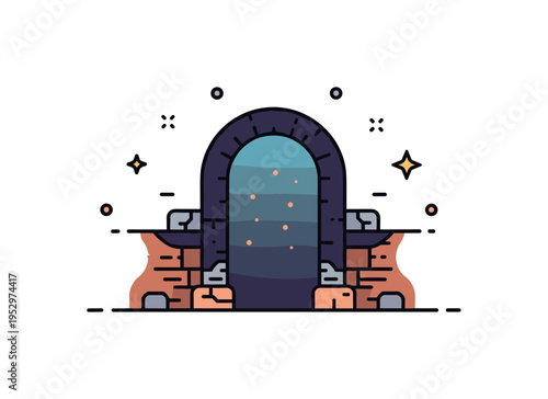 RPG style dungeon entrance depicted by a dark archway with subtle glow emerging from within, expressing anticipation and unknown adventure. The balanced icon