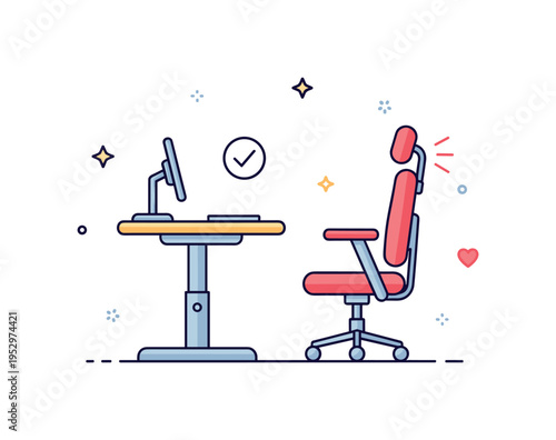 Ergonomic office equipment support concept illustrated by adjustable desk and supportive chair with subtle backrest highlight, expressing comfort and workplace