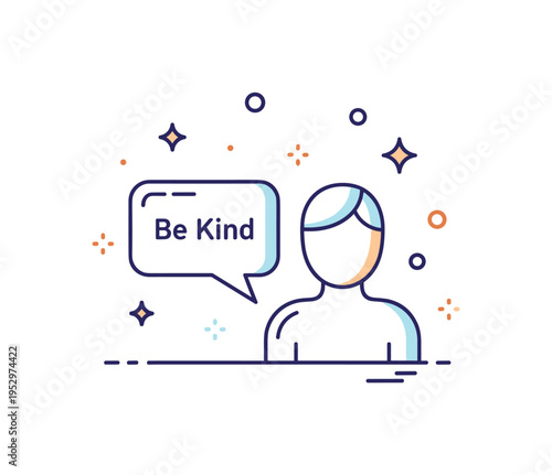 Inner kindness reminder illustrated by a small speech bubble reading Be Kind beside a simplified human outline, expressing supportive self talk and emotional