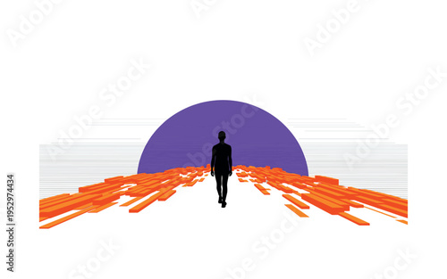 black and white silhouette walking under oversized multicolored umbrella, exaggerated scale for conceptual effect, strong red vertical line slicing through