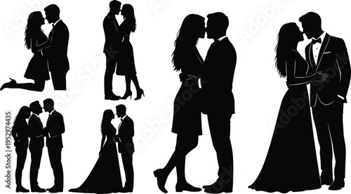 Romantic wedding couple silhouettes featuring bride and groom in various poses cad drawing flat vector illustration flavector isolated design.