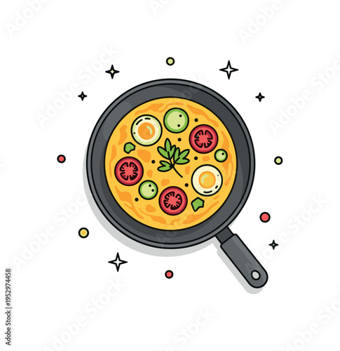 Frittata golden round egg dish served in a simple skillet with visible vegetable slices on top, expressing homemade comfort and Mediterranean flavor. A small