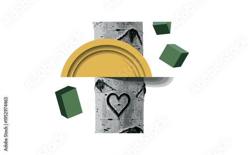 Black and white close-up of aspen bark texture with carved heart symbol, oversized mustard yellow semicircle intersecting the trunk, forest green abstract