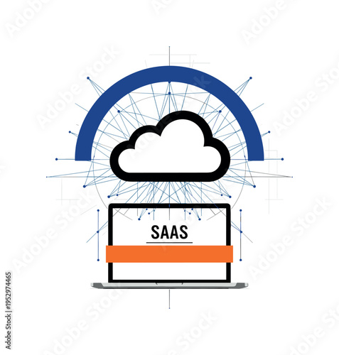 Black and white cloud icon above laptop connected by thin geometric lines, bold blue semicircle framing the cloud as SaaS concept, orange horizontal stripe