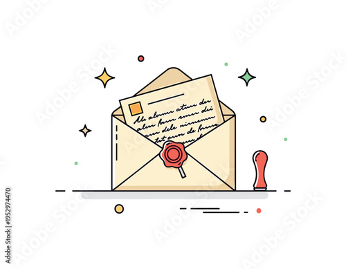 Handwritten letters and traditional forms of communication vintage envelope sealed with a small wax stamp and a folded letter partially visible inside,