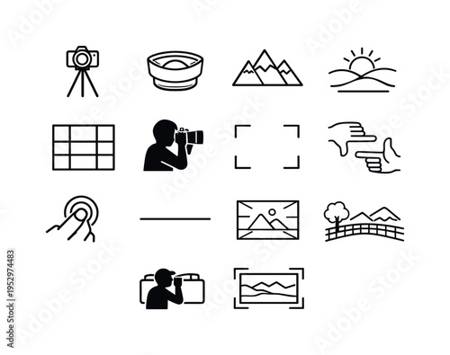 Capturing a Landscape. Line icon set of Capturing a Landscape: camera on tripod, wide angle lens, mountain horizon, sun over hills, rule of thirds grid,