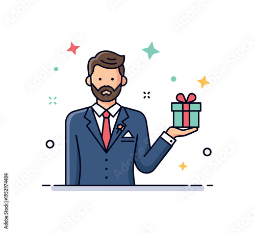Wedding guest attire elegant suited character holding a small gift box with ribbon accent, expressing celebration and formal social occasions. Minimalist flat