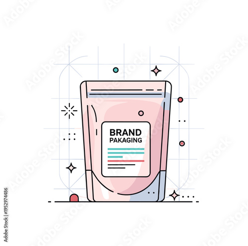 Minimal brand packaging showcase illustrated through a pouch standing upright with a subtle grid backdrop and tiny alignment guides, conveying structure,