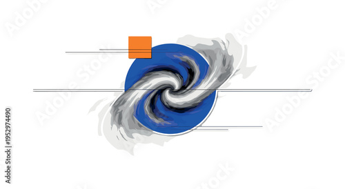 Black and white close-up of swirling smoke texture resembling cosmic clouds, oversized electric blue circle intersecting the center as gravitational core,