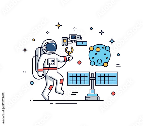 Astronaut maintenance outside station showing a simplified figure tethered near a solar panel array, symbolizing courage, expertise, and routine upkeep in