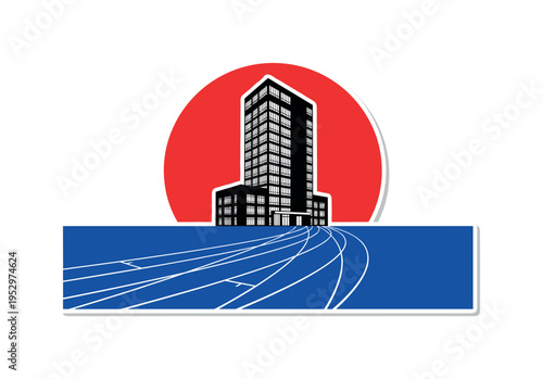 Black and white office building silhouette blended with running track lanes in foreground, oversized bold red circle centered behind the structure, cobalt blue