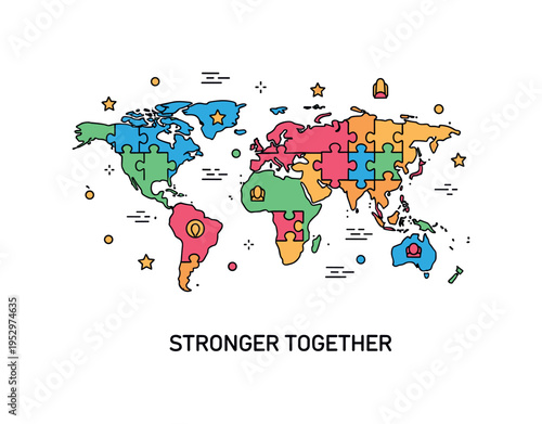 World map puzzle diversity and inclusion badge featuring colorful interlocking continent pieces arranged harmoniously, representing cultural variety and