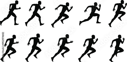 Running man silhouettes in different poses cad drawing flat vector illustration collection isolated on white background for sports design, flavector