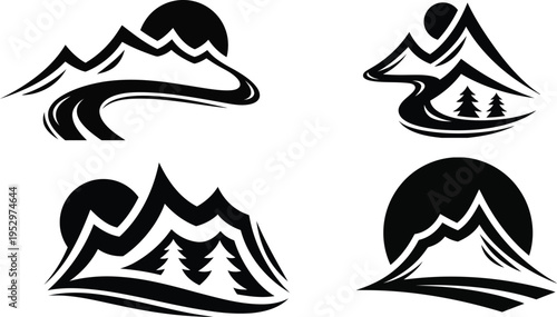 Stylized black mountain and sun logos with rivers and trees vector illustration