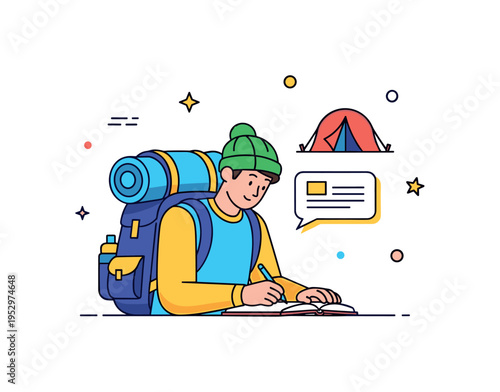 Backpacking notes moment traveler writing in journal while small tent icon appears nearby, conveying outdoor adventure and capturing personal reflections on