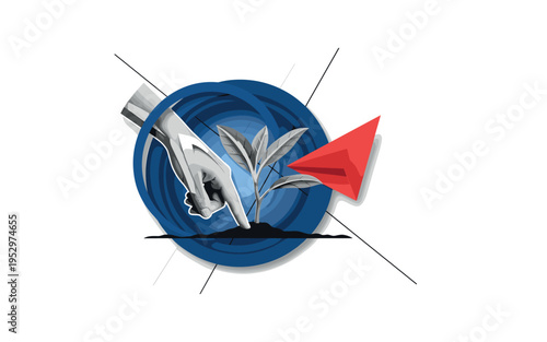 Black and white hand gently testing soil moisture beside a plant, large deep blue circular halo highlighting the interaction, sharp red triangular accent