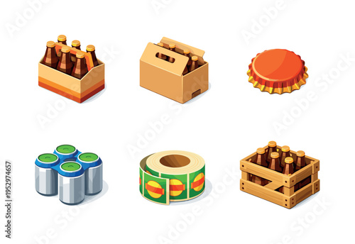 Beer packaging. Isometric flat vector icons set of beer packaging: six-pack carrier, cardboard beer box, bottle cap, aluminum can multipack, label roll,