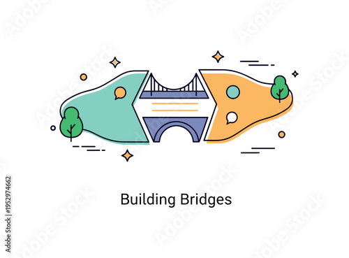Bridge symbolic partnership metaphor illustrated by two separated land shapes joined by a small arch bridge, conveying cooperation and overcoming distance. The