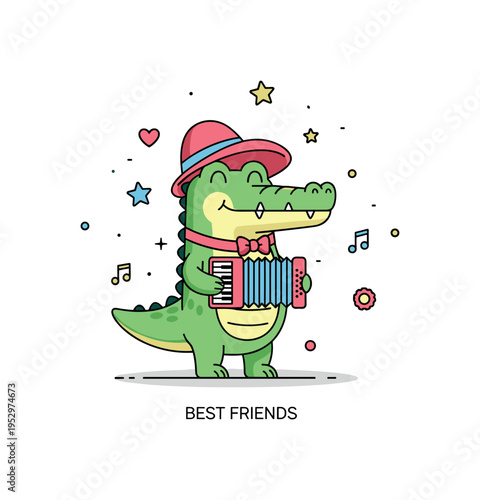 Crocodile Gena friendly cartoon character standing with a small accordion and a warm smile, surrounded by tiny musical notes and star accents. A nostalgic and