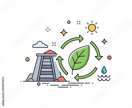 Sustainable mining practices represented by a simplified mine shaft icon combined with a leaf and circular arrows, highlighting environmental stewardship and