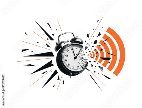 monochrome vintage alarm clock frozen mid-shatter, surrounded by expanding orange semicircles and black abstract shards, thin radial lines emphasizing burst