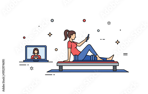 Online Pilates class at home illustrated by a mat workout scene with a small laptop displaying an instructor silhouette, conveying accessibility, guidance, and