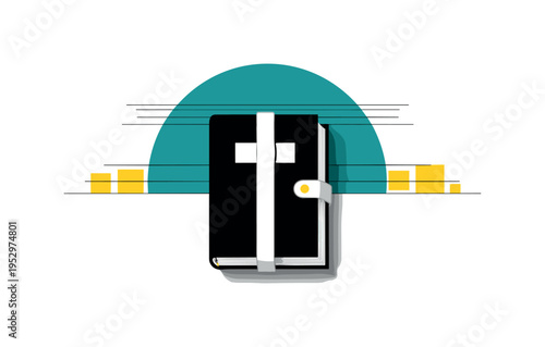 Black and white image of a closed book wrapped with a strap, bold teal semicircle intersecting behind like containment symbol, thin horizontal grid lines