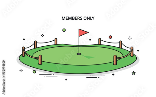 Members only golf green perfectly trimmed putting green with a flagstick centered and subtle rope barriers around the perimeter, highlighting exclusivity and
