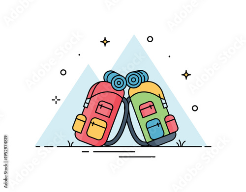Backpacking partners theme centered on two backpacks leaning together with subtle mountain shapes in the background, conveying unity, trust, and shared outdoor