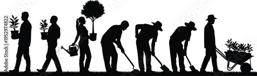 Black silhouette illustration of gardeners carrying plants, watering, digging, planting trees and pushing wheelbarrow, agriculture teamwork design for rural farming and horticulture