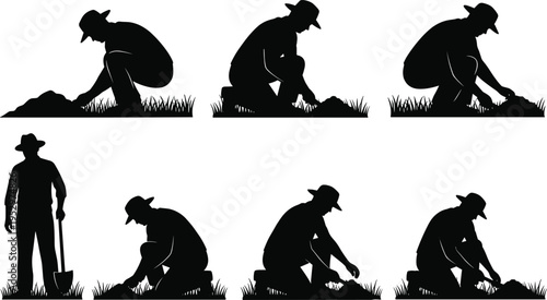 Black silhouette illustration of gardener planting, digging, and tending soil with shovel, hat and tools, agriculture labor design for rural farming and horticulture