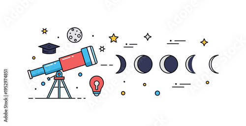 Educational astronomy badge illustrated with a telescope pointing toward a sequence of moon phase icons, conveying learning, discovery, and interest in space