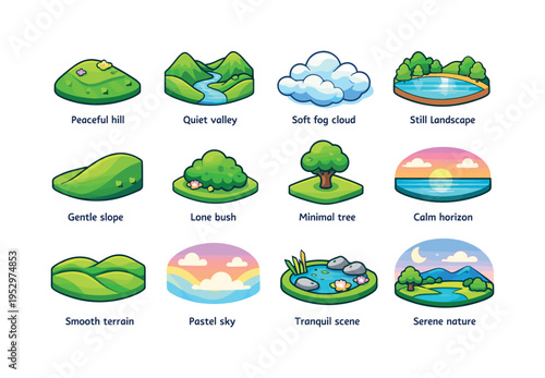 Nature Calm. Colorful isometric vector icons set of Nature Calm: peaceful hill, quiet valley, soft fog cloud, still landscape, gentle slope, lone bush, minimal