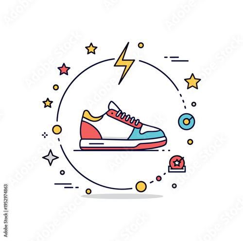 Sneaker culture concept badge stylized sneaker icon inside circular frame with subtle lightning bolt accent, capturing hype fashion energy and collector