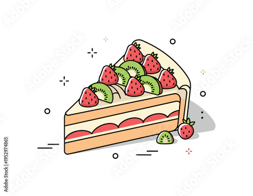 Fruit dessert topping concept illustrated by a slice of cake decorated with small strawberry and kiwi pieces arranged on top. The scene conveys sweetness,