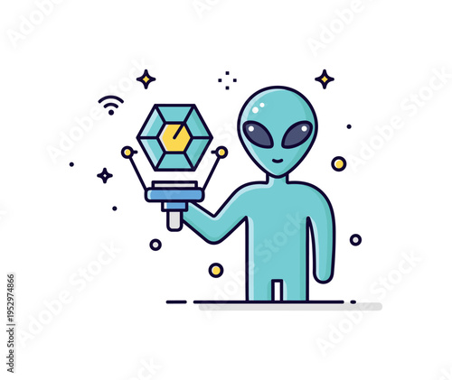 Alien technology symbol glowing geometric device held by a simplified extraterrestrial figure, representing advanced intelligence and futuristic innovation.