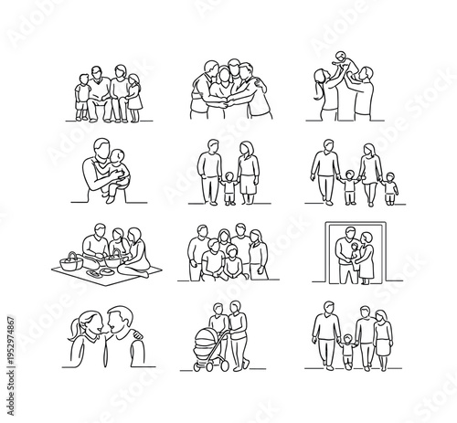 Generational Family Moments. Minimalistic set one-line drawing three generations standing together, grandparents seated with children around, family group hug,