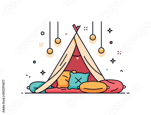 Warm home hideout scene showing a soft blanket tent filled with cushions and subtle hanging lights, conveying relaxation and simple indoor joy. A cohesive
