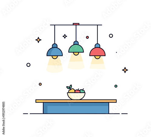 Elegant kitchen centerpiece trio of pendant lights highlighting a central island with a small fruit bowl accent, conveying refined home styling and welcoming