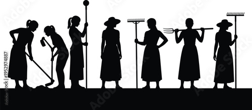Black silhouette illustration of women farming with rake, hoe, watering can, pitchfork and tools, traditional agriculture labor design for rural garden work