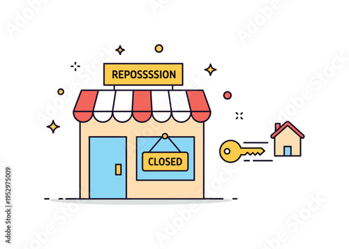 Commercial property repossession scene featuring a storefront with a temporary closed sign and a small key icon being withdrawn, expressing transition of