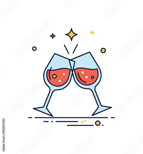 Romantic evening drink two slender glasses clinking gently with tiny star accents above, expressing celebration, intimacy and shared joyful moments. Minimalist