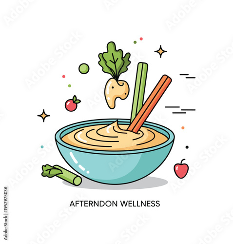Nutritious afternoon snack concept centered on a hummus bowl with a smooth swirl and two veggie sticks partially dipped, symbolizing satisfaction and mindful