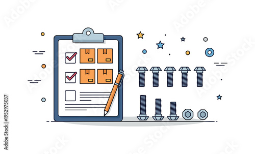 Furniture instruction checklist scene featuring a small clipboard with completed boxes and neatly sorted bolts arranged by size. The composition communicates