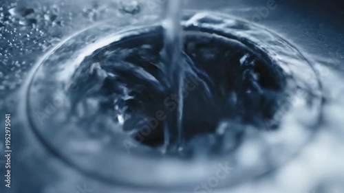 Water flowing and draining into stainless steel sink drain in slow motion for plumbing and household content