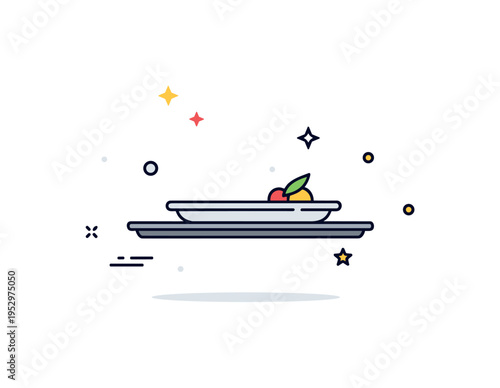 Waiter tray fine dining presentation theme centered on a sleek tray carrying a plated dish with a tiny garnish accent and soft shine details. A clean editorial