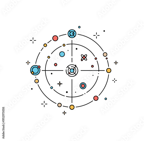 Dark matter particle theory visualized by small abstract particle icons orbiting an invisible center point, expressing theoretical physics and subatomic