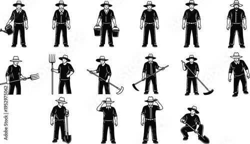 Set of farmer silhouettes with various tools including watering can, buckets, pitchfork, hoe, scythe, sickle, and shovel, representing rural agricultural lifestyle illustration